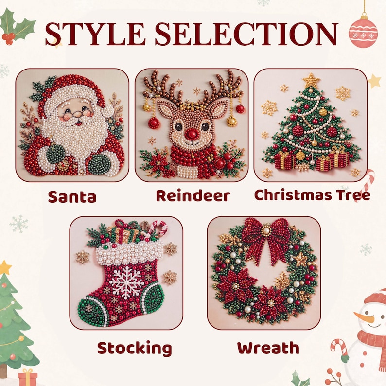 Puede incluir: Una tabla de selecci&oacute;n de estilos con cinco dise&ntilde;os de arte con diamantes: Santa, Reno, &Aacute;rbol de Navidad, Calcet&iacute;n y Corona. Cada imagen cuadrada muestra un motivo festivo creado con cuentas, perlas y pedrer&iacute;a de colores sobre un fondo claro.