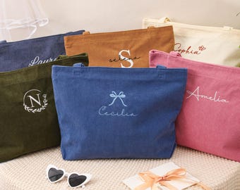 Bolso de pana bordado personalizado, bolso de regalo para dama de honor, bolso de mano con nombre personalizado y cremallera, bolso con monograma, regalo para boda, bolso de hombro.