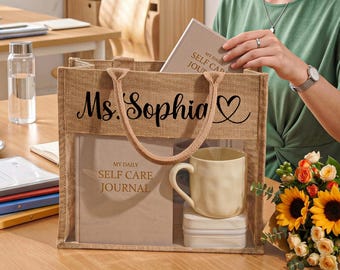 Personalized Teacher Burlap Tote Bag, Clear Window Gift for Educators,Teacher Appreciation Gift,Custom Name Tote bag