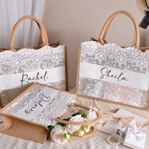 Personalized Beach Burlap Bag,Bridesmaid Gift Bag,Custom Name Lace Jute Bag,Bachelorette Party Bag,Thank You Gift Bag,Bridal Party Gift Bag