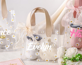 Custom Name Wedding Gift Bag,Personalized Flower Bridesmaid Gift Bag with Handles, Transparent Thank You Tote Gift Bag,Birthday Gift for Her