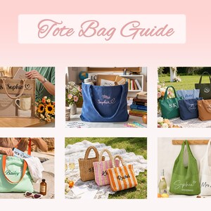 May include: A collection of various tote bags displayed in a guide, featuring personalized embroidery with names like Ms. Sophia, Mrs. Sophia, Bailey, Rachel, and Mrs. Kristin. The bags include canvas, woven, and mesh styles in diverse colors and sizes.
