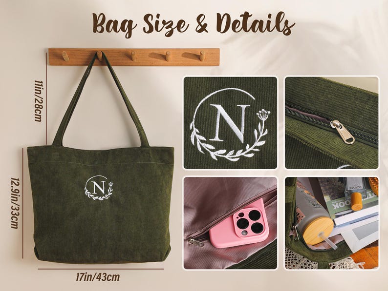 May include: Olive green corduroy tote bag with an embroidered "N" in a floral wreath. The bag is 17 inches wide, 12.9 inches tall, and 11 inches deep. Features include a zipper closure and interior pocket.