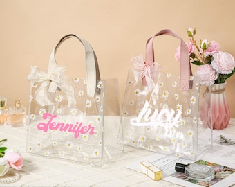 Custom Transparent Gift Bag for Flower Girl with Name,Flower Girl Gift Bag with Ribbon,Custom Daisy Bag for Flower Girls,Bridesmaid Proposal