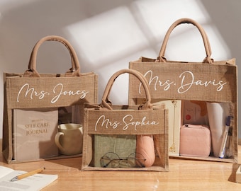 Personalized Teacher Tote Bag,Custom burlap teacher bag,Clear Window Burlap Totes,Teacher Appreciation Gift,Graduation Gifts for Educators