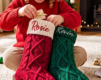 Personalized Knitted Christmas Stocking, Embroidered Name Dog Bone Stockings, Family Holiday Decor