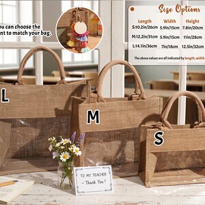 May include: Three rectangular jute tote bags in sizes S, M, and L, each featuring a clear plastic window on the front and two top handles. A size chart displays dimensions in inches and centimeters, and text reads: You can choose the pendant to match your bag.