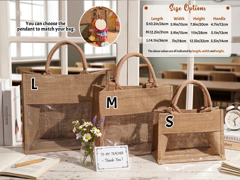 May include: Three rectangular jute tote bags in sizes S, M, and L, each featuring a clear plastic window on the front and two top handles. A size chart displays dimensions in inches and centimeters, and text reads: You can choose the pendant to match your bag.