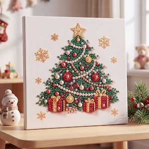 Puede incluir: Un lienzo cuadrado con una pintura de diamantes de un &aacute;rbol de Navidad decorado con adornos rojos y dorados, perlas y una estrella en la punta. El &aacute;rbol est&aacute; rodeado de copos de nieve dorados y tres cajas de regalo rojas con lazos dorados.