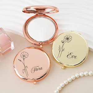 Espejo compacto personalizado con flor de nacimiento, espejo de bolsillo grabado personalizado, espejo de maquillaje portátil, regalo de dama de honor, regalo de despedida de soltera de dama de honor