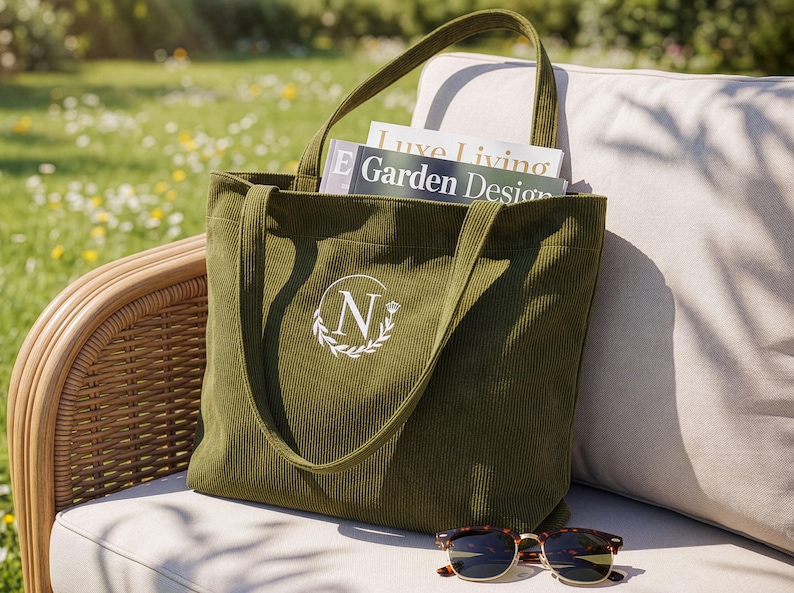 May include: Olive green corduroy tote bag with a white monogram "N" and laurel wreath design. The bag contains magazines with the text "Luxe Living" and "Garden Design". Tortoiseshell sunglasses rest on the surface. The bag is on a wicker chair.