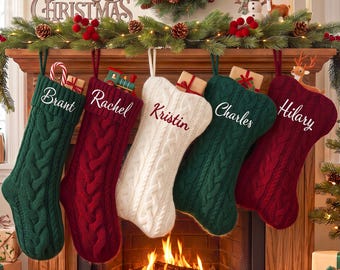 Personalized Embroidered Christmas Stockings, Knitted Family Xmas Stocking with Name,Holiday Decor