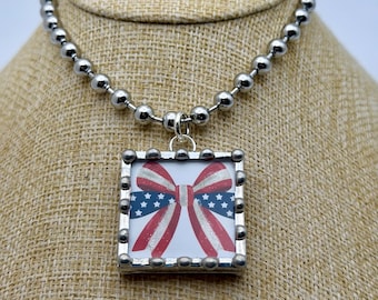 Red White and Blue Bow Soldered Glass Necklace