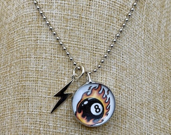 Flaming Eight Ball Soldered Glass Necklace