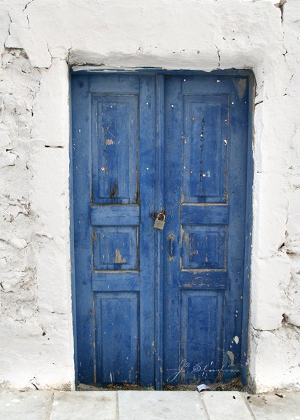 wooden door print indigo blue rustic weathered door greek | Etsy