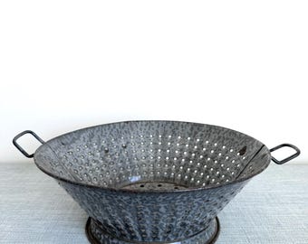 Vintage Grey Enamelware Colander, Kitchen Decor, Display Item