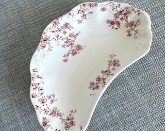 Antique WH Grindley & Co of England red transferware bone dish, red floral pattern, Catherine Mermet, England