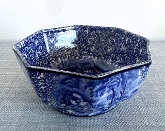 Antique Small Blue and White Old Foley James Kent Octagonal Bowl, Decorative, Grandmillenial, Floral, Pastoral, Windmill