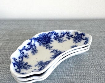 Antique Upper Hanley Flow blue Bone Dish Plates, Set of 3, Royal Semi-Porcelaine, Martha pattern