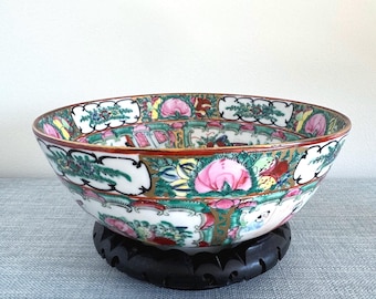 Vintage Famille Rose Rose Medallion Decorative Bowl with wooden stand, Asian decor, Grandmillenial