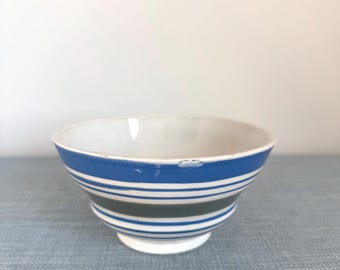 Antique Vintage Blue and Green Striped Cafe Stoneware Bowl, Kitchen Decor, Primitive, Colorful