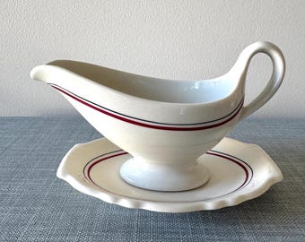 Vintage Homer Laughlin Gravy Boat with Dish, Red and Black Stripe