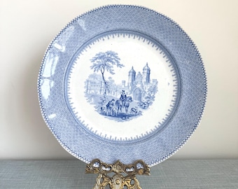 Antique English Blue and White Transferware Dinner Plate by TJ & J Mayer, Baronial Halls, Equestrian, Ironstone, 1800s