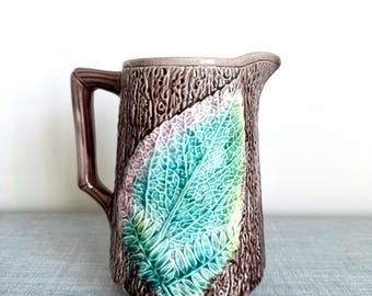 Antique Brown Majolica Teal Leaf Small Pitcher, Collectible, Display Item