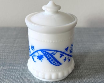 Vintage Hazel Atlas Milk Glass Lidded Condiment Jar with blue floral and vine design