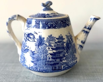 Antique Ridgeway Blue Willow Teapot, English Transferware