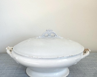 Burgess & Goddard Ironstone Lidded Vegetable Tureen, Bows and Tassels, Stamped, Stained
