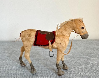 Mini Antique Toy Paper Mache Horse Figurine with Bead Eyes