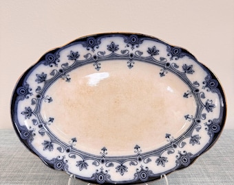 Antique Ford & Sons flow blue oval meat platter in Dudley pattern, made in Burslem England, Staffordshire