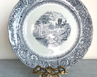 Antique Wedgewood ironstone gray/black and white transferware plate, Pastoral, Plate Display Wall, 10"