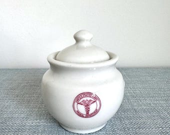 Vintage U.S. Army Medical Department Restaurant Ware Ironstone White Condiment Jar with Lid with Red Logo, 1940s, WWII, Shenango China