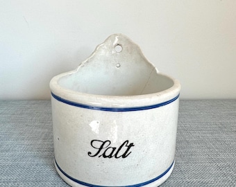 Ceramic off-white and blue stripe salt box, lightly stained and crazed, blue white, primitive, Kitchen Decor