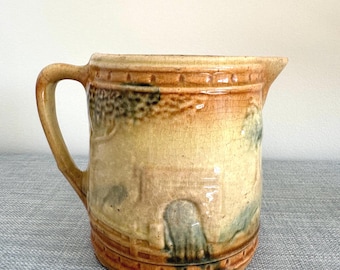 Antique Early Roseville Pottery Landscape Pitcher titled The Bridge, 1910s, Yellow Ware, Primitive