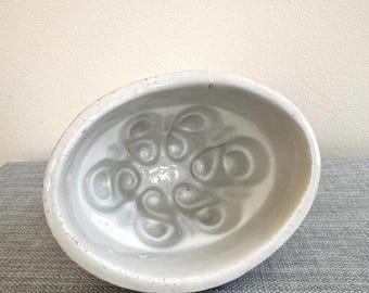 Antique Ironstone Pudding Mold, Oval Swirl Design, Stained