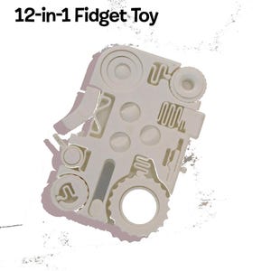 May include: A white 12-in-1 fidget toy with various textures and shapes, including a gear, a slider, and a button.