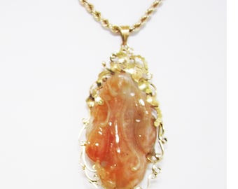 Vintage Estate Ornate 14K Mount Carved Red Orange Tan White Translucent Jade Pendant