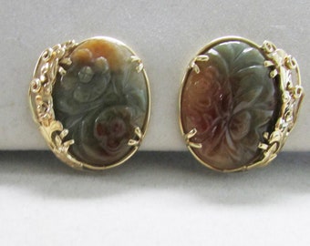 Vintage Estate Mid Century Ming's of Honolulu Decorative 14K Gold Translucent Multicolored Carved Jade Earrings