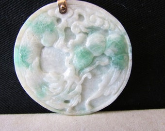 Vintage Estate 14K Two Sided Carving White with Apple  Green Veining Jade Pendant