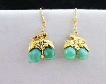 Vintage Estate 1920s High Karat Chinese Gold Carved Green Jade Double Pair Pomegranate Earrings on Hooks