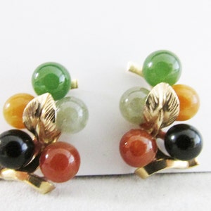 Vintage Estate Mid Century Ming's of Honolulu 14K Leaf Design Mount Multi Color Jade Ball Pierced Earrings