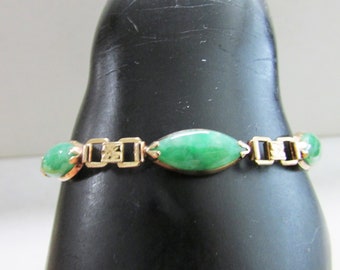 Vintage Estate 14K Gold Calligraphy Marquise Cut Apple Green Jade Link Bracelet