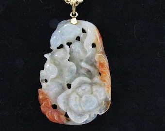 Vintage Estate 14KT Gold Mount  Very Translucent White With Red Orange Veining Fish and Lotus Leaf and Flower Carved Jade Pendant