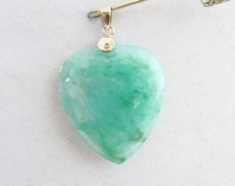 Vintage Estate Mid Century 14K Translucent Green Veining Jade Heart Pendant