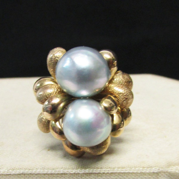 ResVintage Estate Midcentury 14K Lustrous Gray Blue  Baroque Pearl Ring