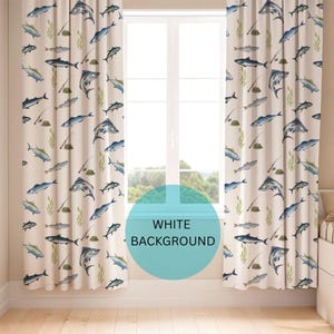 Custom Fishing Kids Curtains – Boys Room Decor, Nautical Theme Window Panels, Light Sage, Light Blue or White, 50x84 Blackout