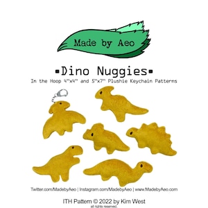 May include: A set of six yellow dinosaur plushie keychain patterns for embroidery. The patterns are available in two sizes: 4"x4" and 5"x7".